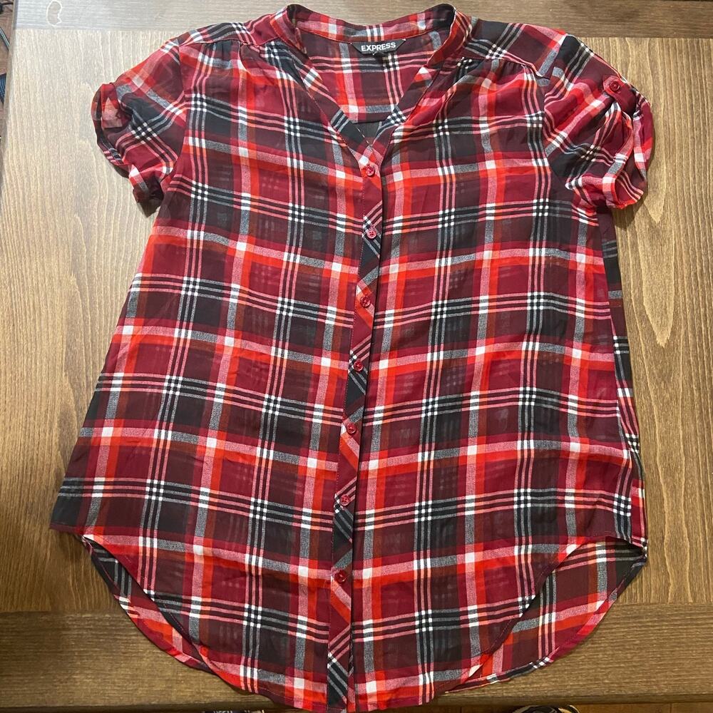 Express Red Plaid Semi Sheer Short Cuffed Sleeves Curved Hem, Sz XS